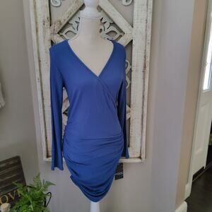 Due Time Maternity Long Sleeve RIbbed Side Ruched Surplice Dress in Denim Blue